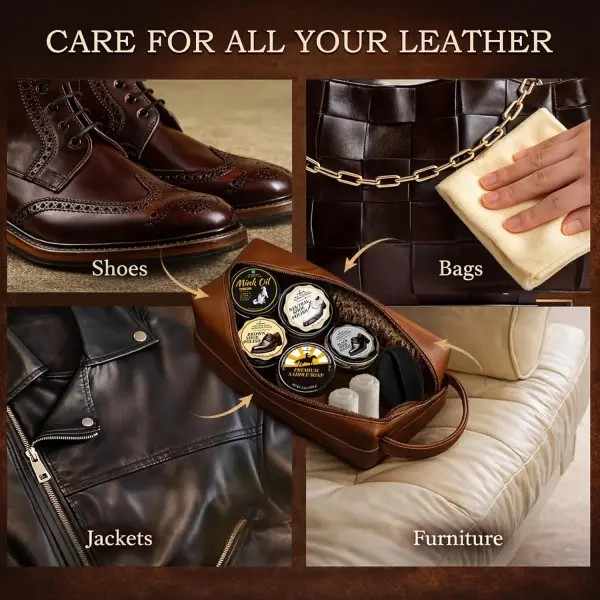 Shoe Care Kit – 16-in-1 Leather Shoe Polish, Cleaning & Conditioning Kit with Saddle Soap & Mink Oil – Black/Brown/Neutral Shoe Polish, 3 Horsehair Brushes – Premium Storage Bag – Gift for Men & Women
