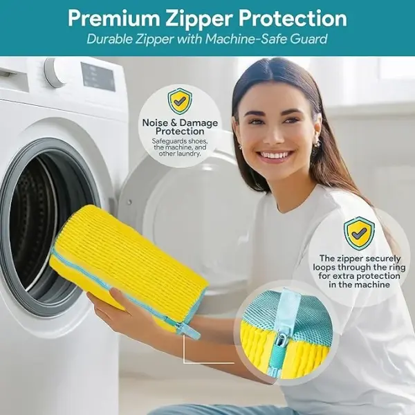 Shoe Washing Machine Bag – 2 Pcs Reusable Laundry Shoe Bag, 360° Deep Cleaning Sneaker Washing Bag, Durable Mesh Net with Zipper Protection, Fits All Shoe Types & Sizes (2 PCS Yellow)