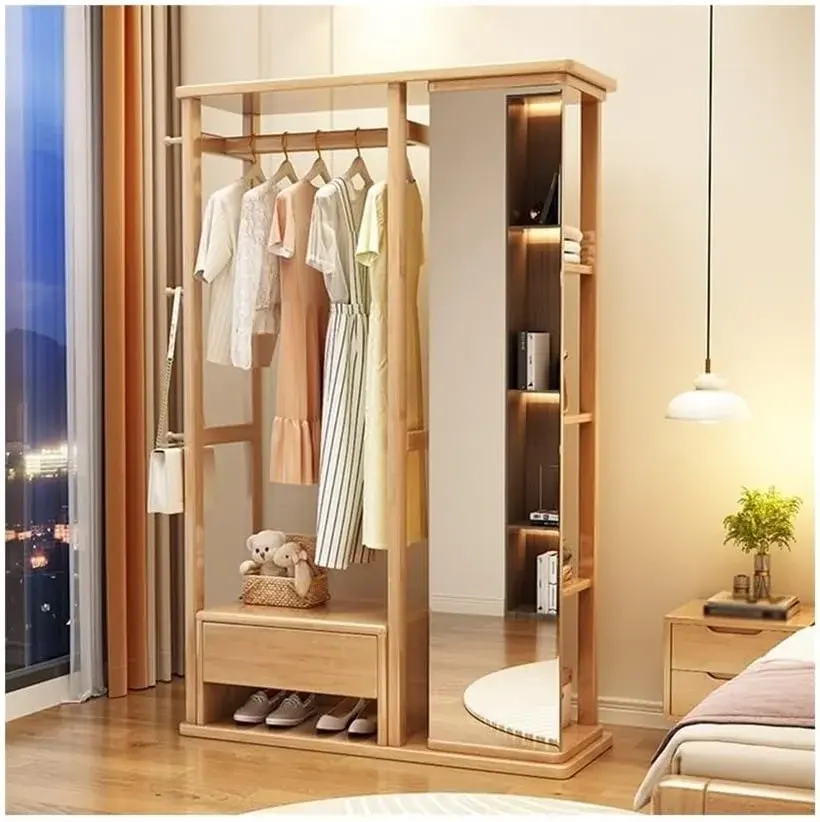 Hat stand Solid Wood Clothes Hanger Dressing Mirror Bedroom Floor Rotatable Multifunctional with Drawer Coat Rack Shoe Rack Hall Tree(Wood)