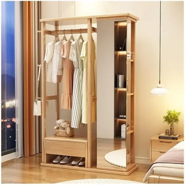 Hat stand Solid Wood Clothes Hanger Dressing Mirror Bedroom Floor Rotatable Multifunctional with Drawer Coat Rack Shoe Rack Hall Tree(Wood)