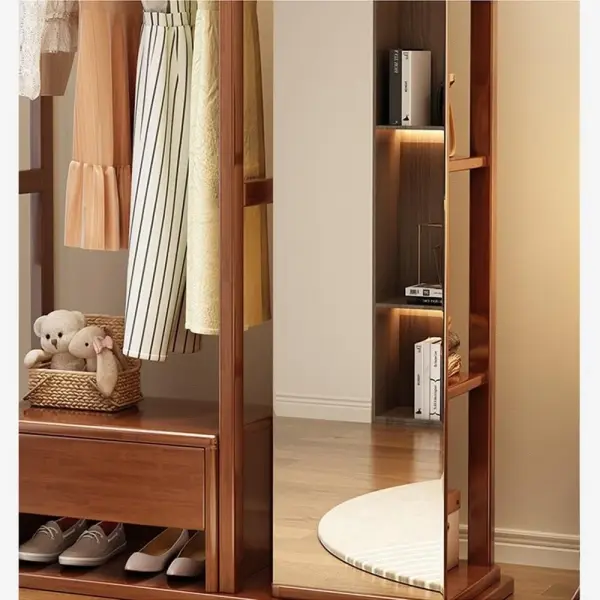 Hat stand Solid Wood Clothes Hanger Dressing Mirror Bedroom Floor Rotatable Multifunctional with Drawer Coat Rack Shoe Rack Hall Tree(Wood)