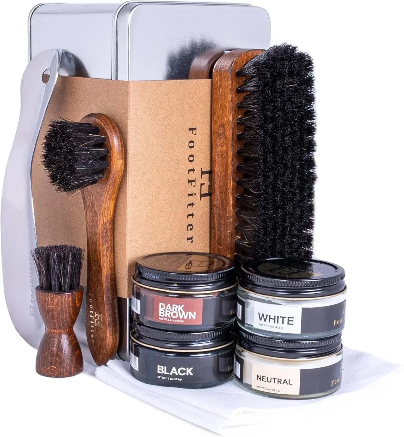 FootFitter Premium Leather Shoe Shine Kit – Complete Polish Cream, Cleaner, Brush & Shoe Care Set for Footwear in Metal Tin