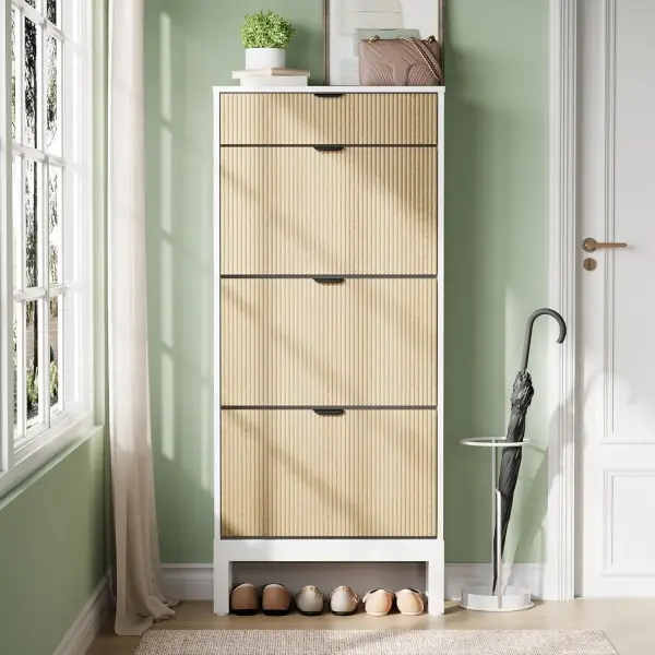 GAOMON Shoe Storage Cabinet with 3 Flip Drawers, Entryway Cabinet with Adjustable Shelves, Can Accommodate 18 to 24 Shoes, Space-Saving Narrow Shoe Rack for Entryway, Hallway, Front Door, White Oak