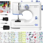 Sewing Machine for Beginners with Sewing Threads Kit(20Pcs Fabric & 32Pcs),Portable Sewing Machine with 12 Built-in Stitches & 2 Speed(High-Low Speeds) - Blue&White