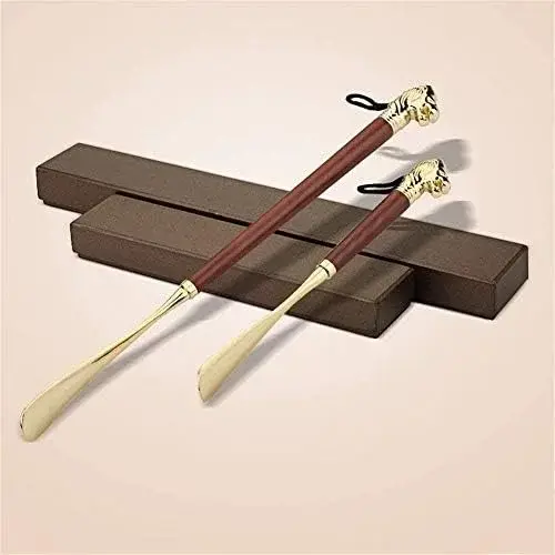 49cm Heavy Duty Brass Shoe Horn with Lion Handle, Extended Footwear Aid for Effortless Wearing, Ergonomic Easy Grip Design for Seniors and Daily Use,Brown49