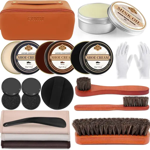 CHMI 16PCS Leather Shoe Polish Kit,Shoe Shine Kit with Black/Brown Shoe Polish,Shoe Bruhses for Leather Boot Care and Cleaning,Shoe Shine Gifts for Men