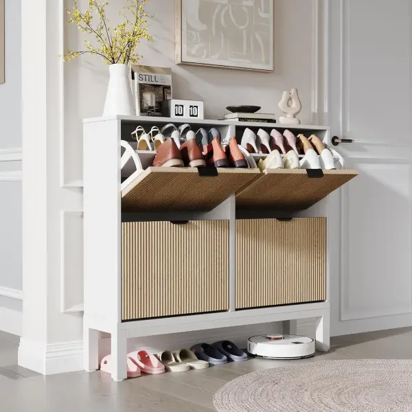 Shoe Storage Cabinet with 4 Flip Drawers, Entryway Cabinet with Adjustable Shelves, Can Accommodate 24 to 28 Shoes, Space-Saving Narrow Shoe Rack for Entryway, Hallway, Front Door, White Oak
