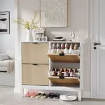 Shoe Storage Cabinet with 4 Flip Drawers, Entryway Cabinet with Adjustable Shelves, Can Accommodate 24 to 28 Shoes, Space-Saving Narrow Shoe Rack for Entryway, Hallway, Front Door, White Oak