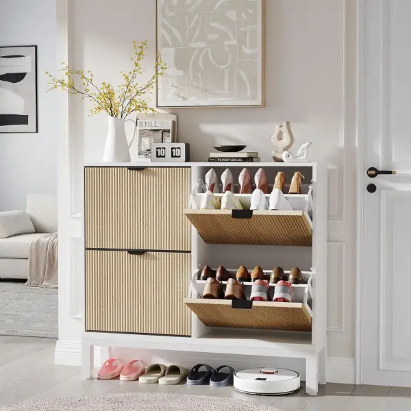 Shoe Storage Cabinet with 4 Flip Drawers, Entryway Cabinet with Adjustable Shelves, Can Accommodate 24 to 28 Shoes, Space-Saving Narrow Shoe Rack for Entryway, Hallway, Front Door, White Oak