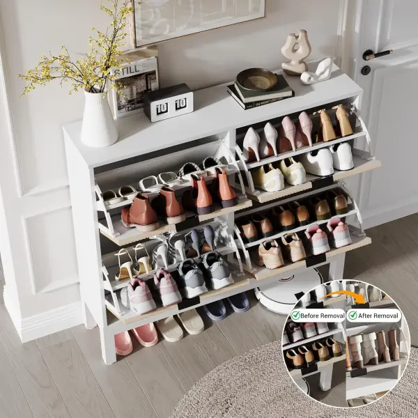Shoe Storage Cabinet with 4 Flip Drawers, Entryway Cabinet with Adjustable Shelves, Can Accommodate 24 to 28 Shoes, Space-Saving Narrow Shoe Rack for Entryway, Hallway, Front Door, White Oak