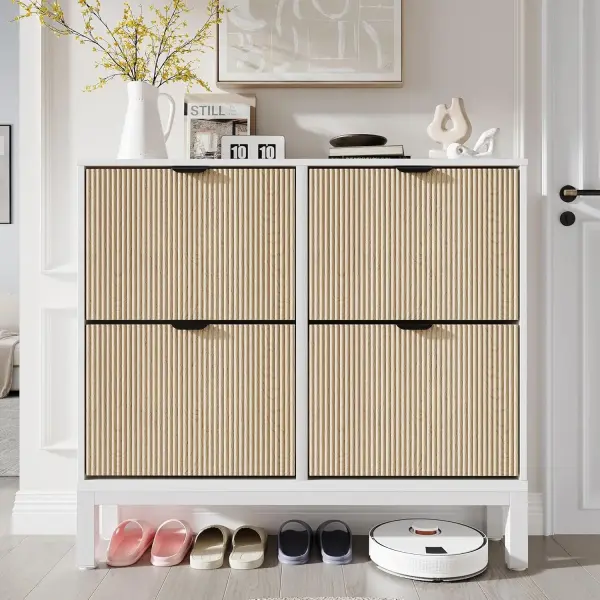 Shoe Storage Cabinet with 4 Flip Drawers, Entryway Cabinet with Adjustable Shelves, Can Accommodate 24 to 28 Shoes, Space-Saving Narrow Shoe Rack for Entryway, Hallway, Front Door, White Oak