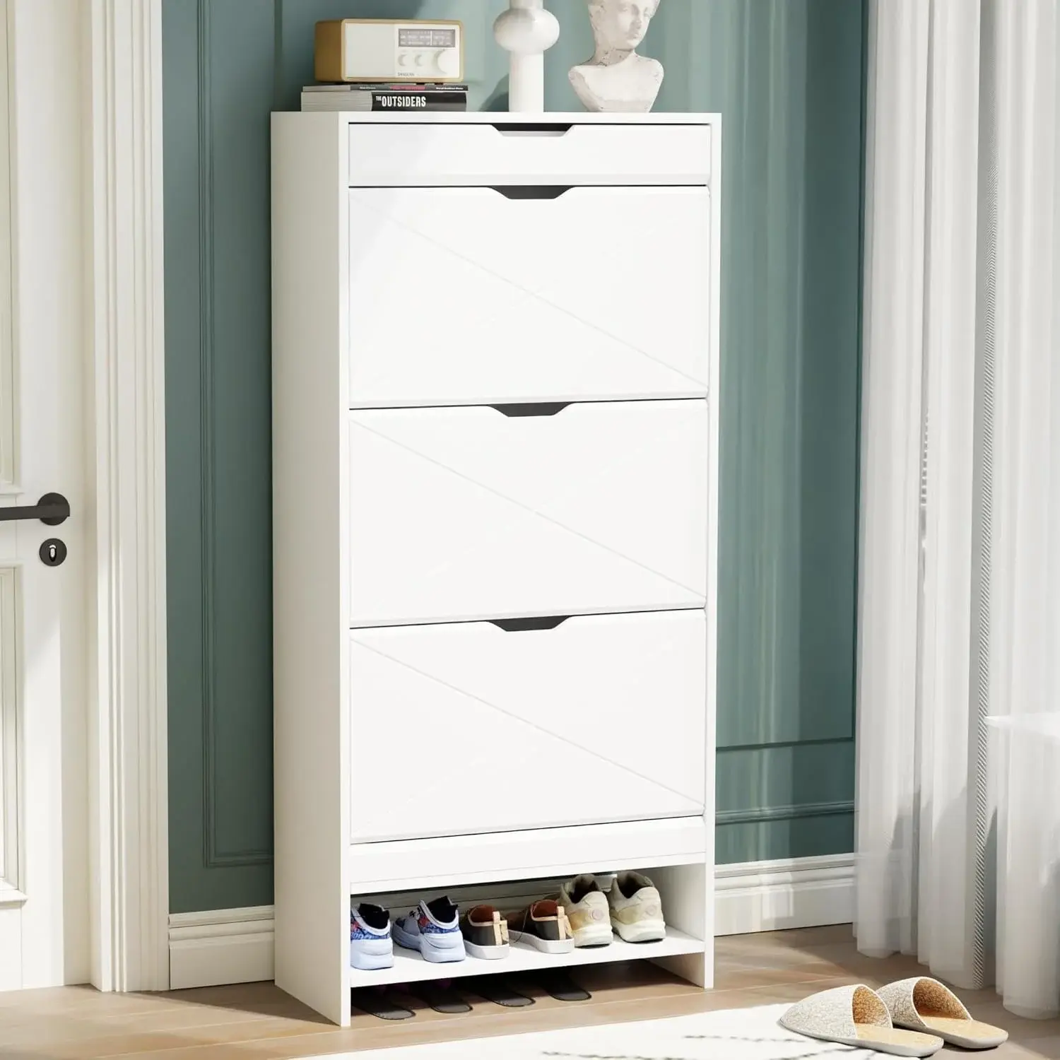 Shoe Cabinet with 3 Flip Drawers, Narrow Shoe Storage Cabinet, Freestanding Shoe Rack Organizer for Entryway, Hallway, White