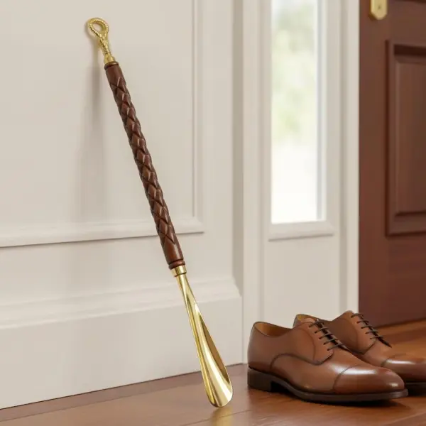 Wooden Shoe Horn with Brass Handle – Long Shoehorn for Men & Women – Handcrafted Wood & Brass Shoehorn – Easy Slip-On Shoe Helper – 62cm