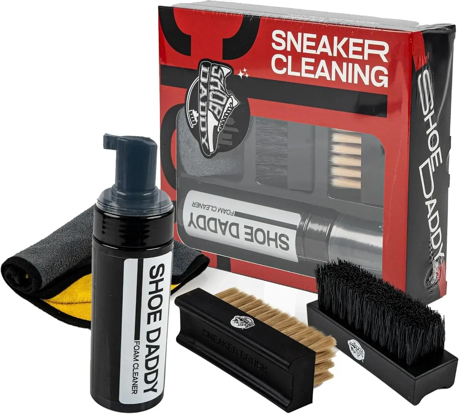 Shoe Cleaning Kit – Premium Foam Shoe Cleaner with Soft & Stiff Bristle Brushes and Microfiber Towel – Shoe Cleaner for Sneakers, Tennis, Gym, White Shoes, Leather, Mesh, Knit, Canvas & Nubuck, PU