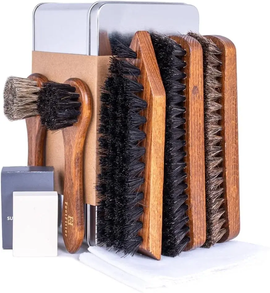 FootFitter Premium Shoe Care Brush Set, Horsehair Shine Brushes & Tools for Polishing Leather & Suede Shoes (Made in Germany)