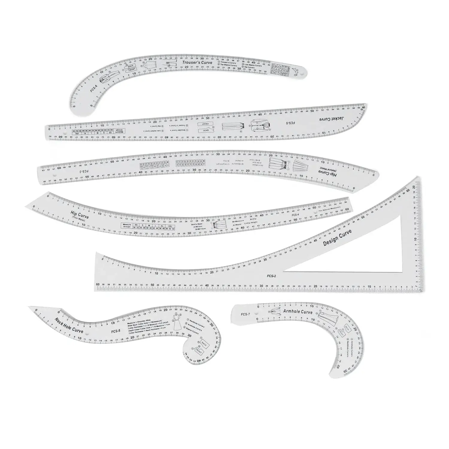 VBESTLIFE Fashion Pattern Design Ruler Set High Accuracy Sewing Tools, 7 Pcs Sewing Ruler Tailor Set for Drawing Curves and Lines