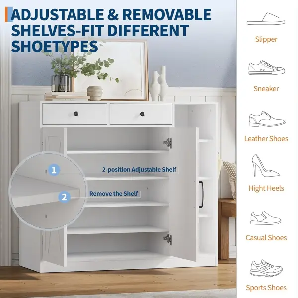 Farmhouse Shoe Cabinet with 2 Barn Doors & 2 Drawers, 4 Adjustable Shelves Shoe Storage Organizer Cabinet, Hooks & Open Storage for Hallway, Entryway, Mudroom, Closet, White