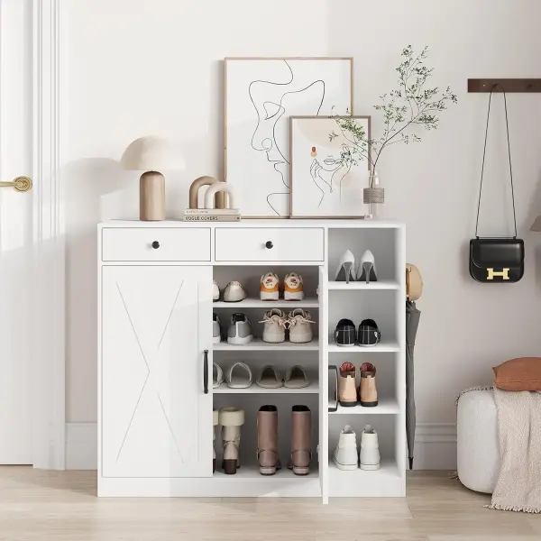 Farmhouse Shoe Cabinet with 2 Barn Doors & 2 Drawers, 4 Adjustable Shelves Shoe Storage Organizer Cabinet, Hooks & Open Storage for Hallway, Entryway, Mudroom, Closet, White