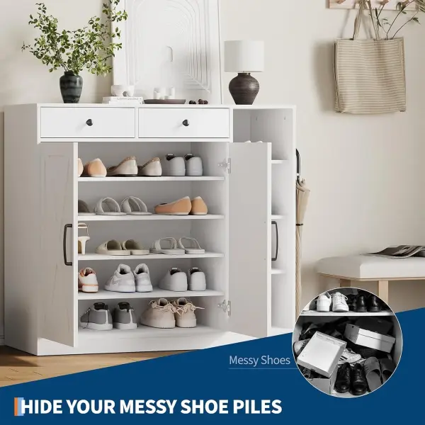 Farmhouse Shoe Cabinet with 2 Barn Doors & 2 Drawers, 4 Adjustable Shelves Shoe Storage Organizer Cabinet, Hooks & Open Storage for Hallway, Entryway, Mudroom, Closet, White