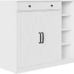 Farmhouse Shoe Cabinet with 2 Barn Doors & 2 Drawers, 4 Adjustable Shelves Shoe Storage Organizer Cabinet, Hooks & Open Storage for Hallway, Entryway, Mudroom, Closet, White
