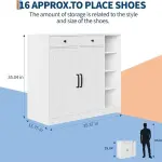 Farmhouse Shoe Cabinet with 2 Barn Doors & 2 Drawers, 4 Adjustable Shelves Shoe Storage Organizer Cabinet, Hooks & Open Storage for Hallway, Entryway, Mudroom, Closet, White