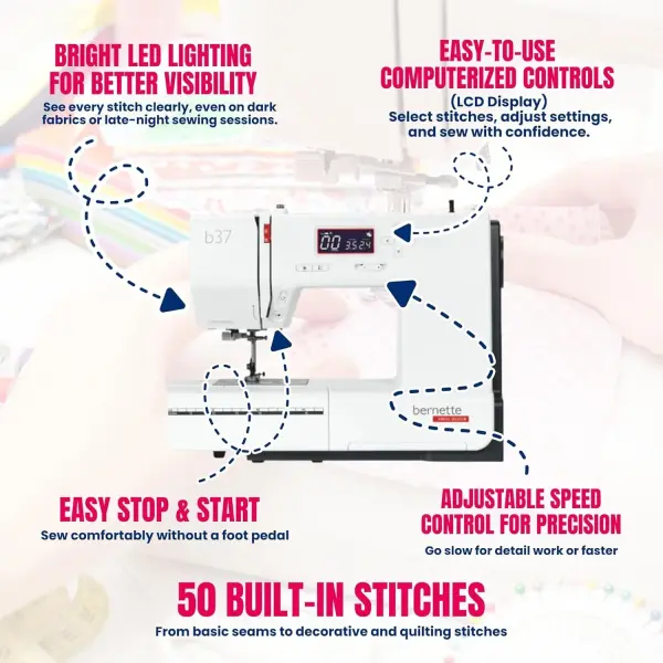 Bernette B37 Swiss Design Computerized Sewing Machine - LCD Display, 5 Presser Feet, Bobbins, Needle Threader, Quilting Features, Portable with Foot Pedal, Ideal for Beginners and Professionals