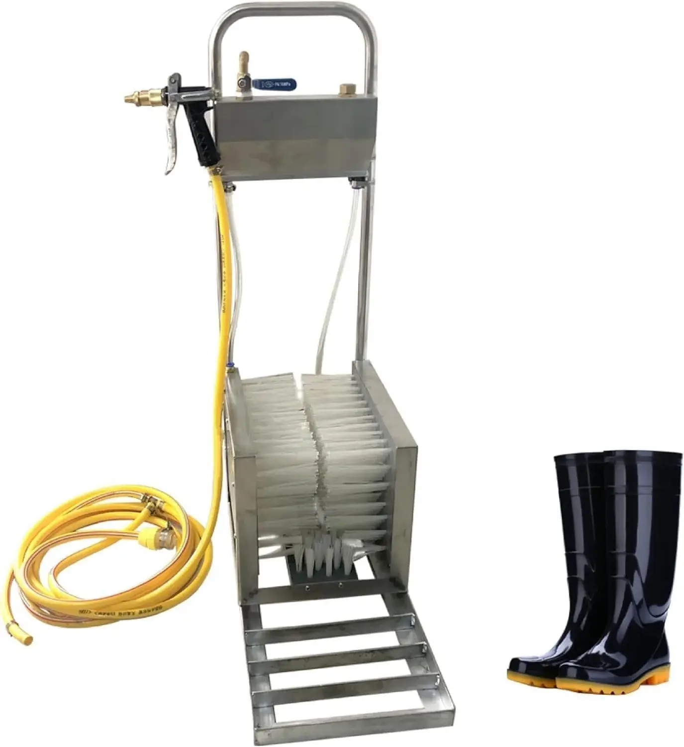 Farm Boot Scrubber with Water Spray Gun and Stainless Steel Brush for Mud Removal on Farms, Ranches, Construction Sites