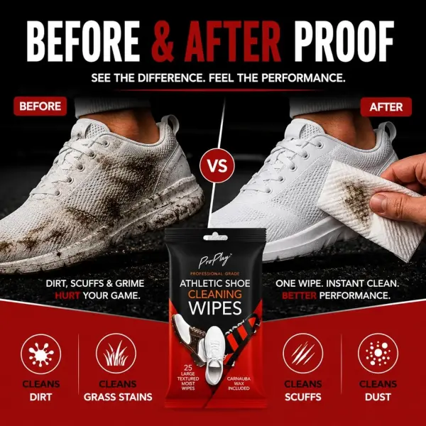 ProPlay Athletic Shoe Cleaning Wipes | Carnauba Wax Included | Repels Water from Shoes | Removes Dirt, Grass, and Sand