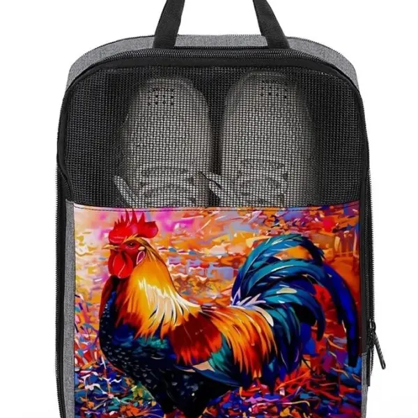 Vintage Rooster Shoe Bag Travel Shoe Storage Pouch Portable Shoes Bags with Zipper Handle 13.7X9.4 In