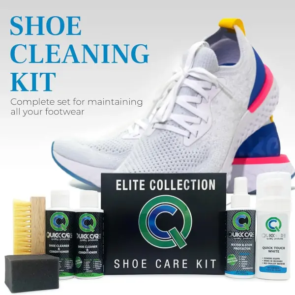 QuickCare Elite Collection - 4 oz Shoe Cleaner & Conditioner, Water & Stain Protection, 2.5 oz Quick Touch White, Brush & Sponge - Complete Shoe Cleaning Set for Sneakers, Leather, and More