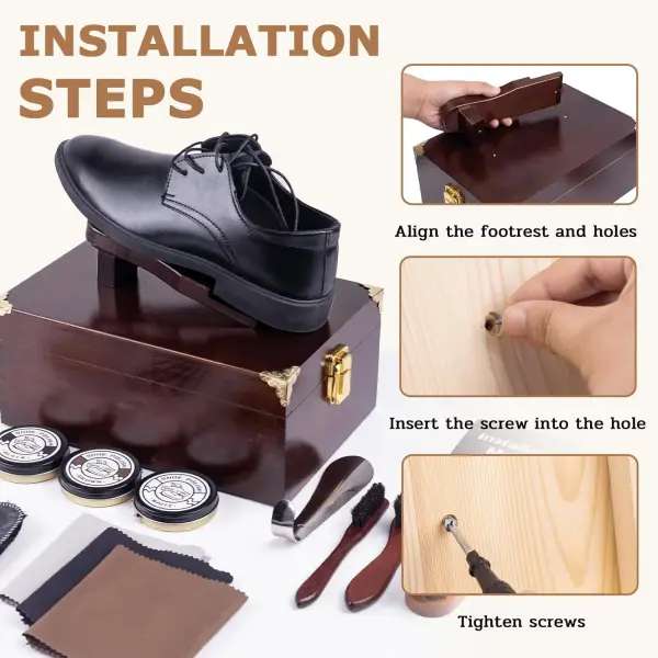 10 Pcs Deluxe Shoe Shine Box Set & Shoe Care Polish Kit with Foot Rest, Wooden Care Tools Storage Box Perfect for Multi- Leather Shoes