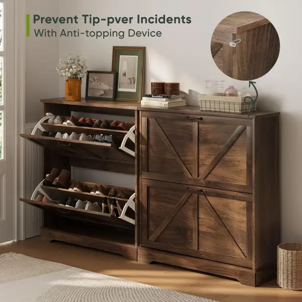 Smart FENDEE Shoe Cabinet, Shoe Storage Cabinet for Entryway with 2 Flip Drawers, Narrow Farmhouse Shoe Organizer Cabinet, Slim Shoe Rack Cabinet, 31.5in Walnut