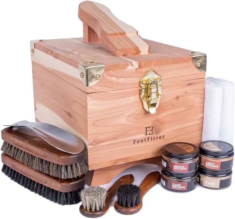FootFitter Shoe Shine Set with Grand Cedar Storage Box, Polish Creams, Valet Box & Premium Shoe Care Tools for Leather Shoes