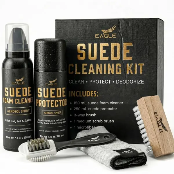 Eagle Suede & Nubuck Cleaning Kit – 5-Piece Set with Foam Suede Cleaner & Protector Spray, 3-Way Brush, Scrub Brush & Cloth – Suede Care Kit for Shoes & Boots- Compatible with Ugg Boots