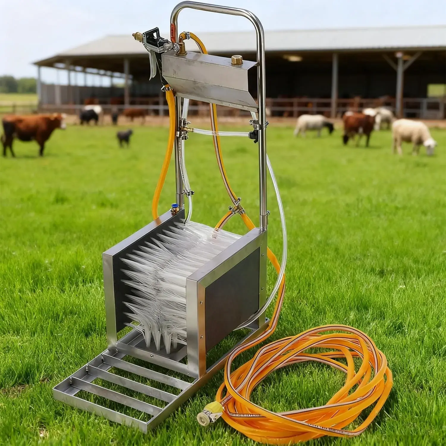 Stainless Steel Boot Scrubber with Water Spray Gun - Heavy-Duty Mud Remover for All Weather, Farm & Outdoor Use, Effortless Cleaning Solution