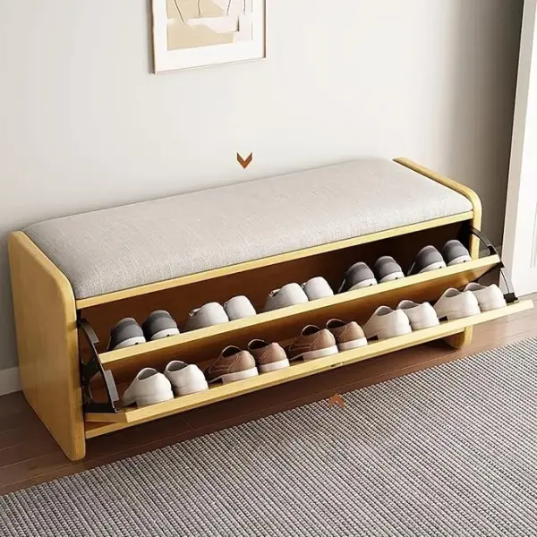 Wooden Shoe Cabinet Bench with Flip Drawer and Storage, Organizer Bench Seat with Padded Seat for Entryway Organization,Natural-100x30x46cm