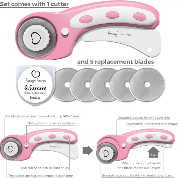 Rotary Cutter Set pink - Quilting Kit incl. 45mm Fabric Cutter, 5 Replacement Blades, A3 Cutting Mat, Acrylic Ruler and Craft Clips - Ideal for Crafting, Sewing, Patchworking, Crochet & Knitting y