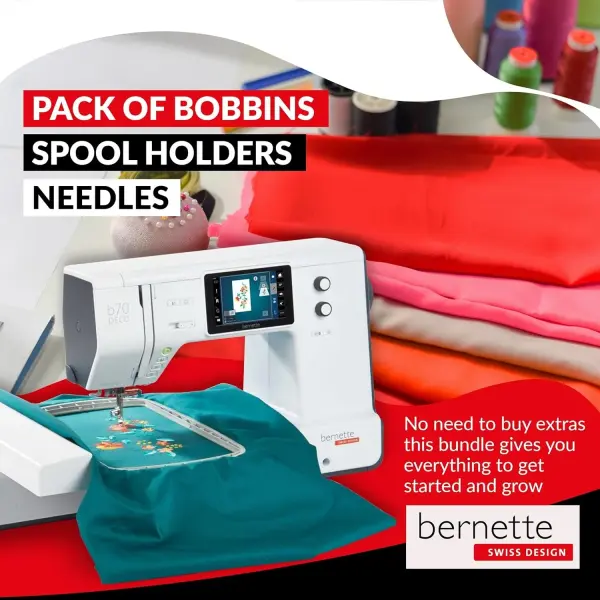 Bernette B70 Deco Embroidery Machine | Exclusive Bundle with 60 Sunset Threads, 3 Hoops (6x10, 4.7x7, 2x3), $300+ Embroidery Designs, 5" Touchscreen, USB Design Import, Tools & Accessories