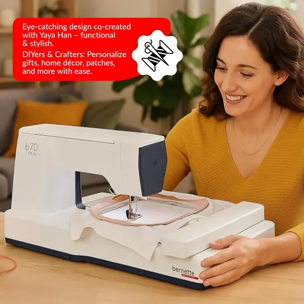 Bernette B70 Deco Embroidery Machine | Exclusive Bundle with 60 Sunset Threads, 3 Hoops (6x10, 4.7x7, 2x3), $300+ Embroidery Designs, 5" Touchscreen, USB Design Import, Tools & Accessories