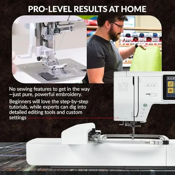Bernette B70 Deco Embroidery Machine | Exclusive Bundle with 60 Sunset Threads, 3 Hoops (6x10, 4.7x7, 2x3), $300+ Embroidery Designs, 5" Touchscreen, USB Design Import, Tools & Accessories