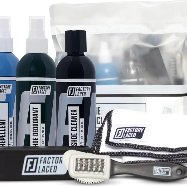 FACTORY LACED Sneaker Care Kit — Shoe Cleaner with Deodorizer & Water Repellent Spray, 2 Brushes & Microfiber Towel — Works on Jordan, Nike, Adidas — Leather, Suede, Canvas & Mesh