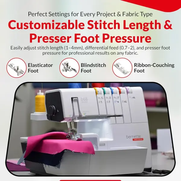 Bernette B68 Airlock Serger with easy air threading, overlock coverstitch combo, high-speed stitching, LED lighting, adjustable stitch length, heavy-duty design, perfect for quilting and beginners.