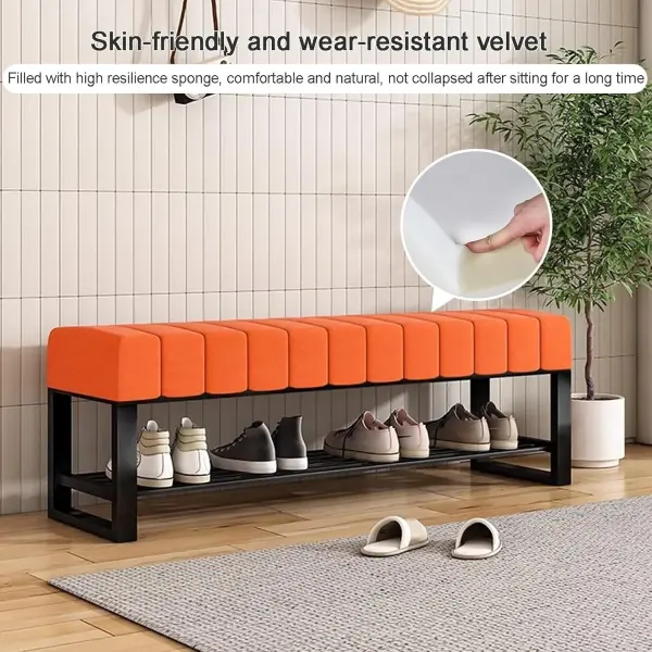 Velvet Shoe Storage Bench with Padded Seat for Entryway and Bedroom 2 Tier Shoe Rack Bench with Ottoman Black Metal Frame Stylish and Functional Organizer for Shoes and Accessories