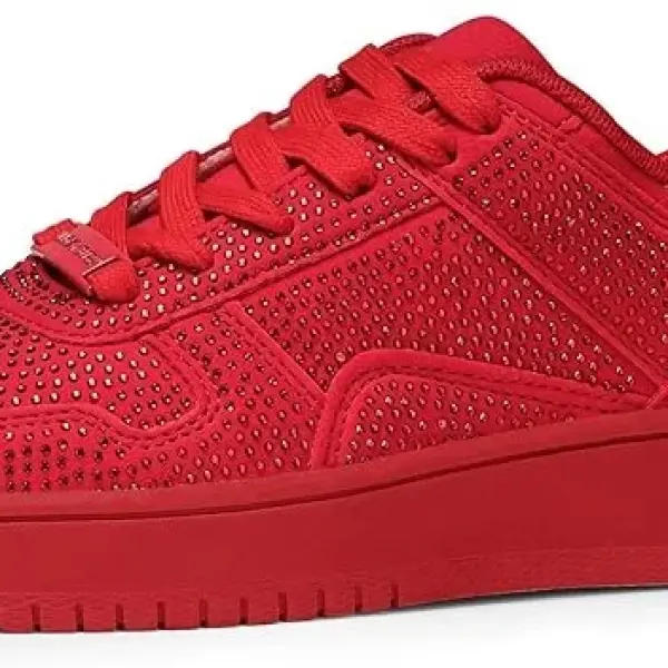 LUCKY STEP Women Fashion Sparkle Rhinestone Sneakers White Leather Low Top Tennis Shoes Lace Up Casual Comfortable Walking Shoe