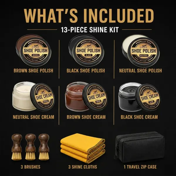 Eagle 13-Piece Shoe Polish Kit – Black, Brown & Neutral Shoe Wax & Boot Cream with Dauber Brushes and Shine Cloths – Leather Shoe Shine & Care Kit
