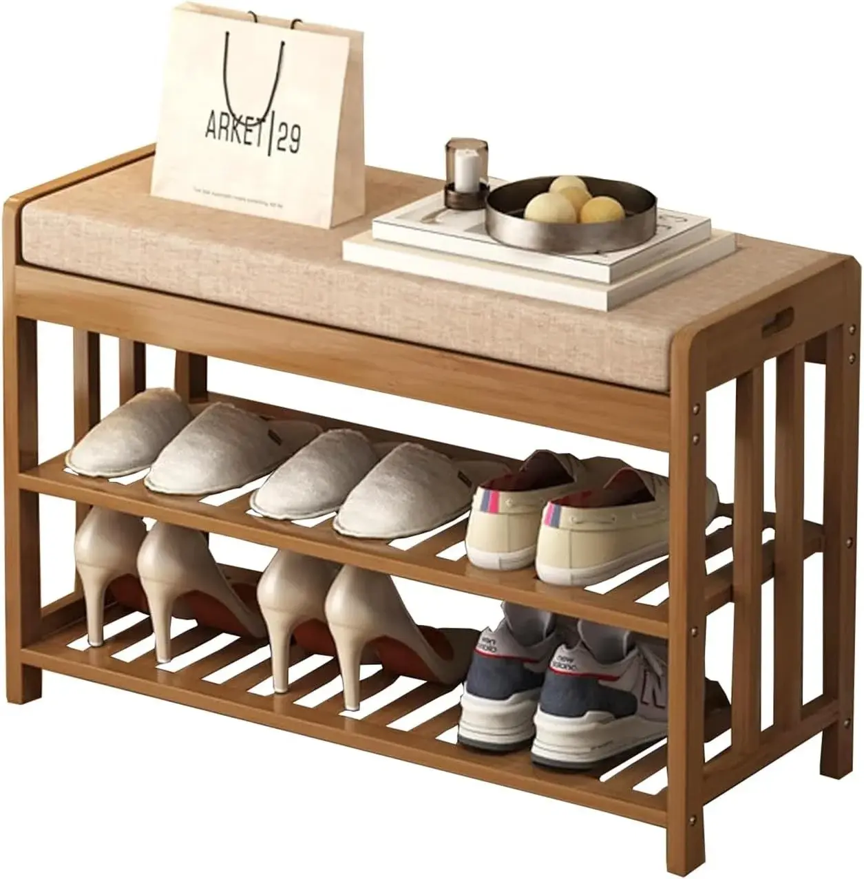 Shoe Bench with Storage, Wooden Shoe Storage Bench with Cushion&Hidden Drawer, 2-Tier Shoe Rack Bench for Entryway, Checkroom, Hallway,70x30x44cm/27.5x11.8x17.3in