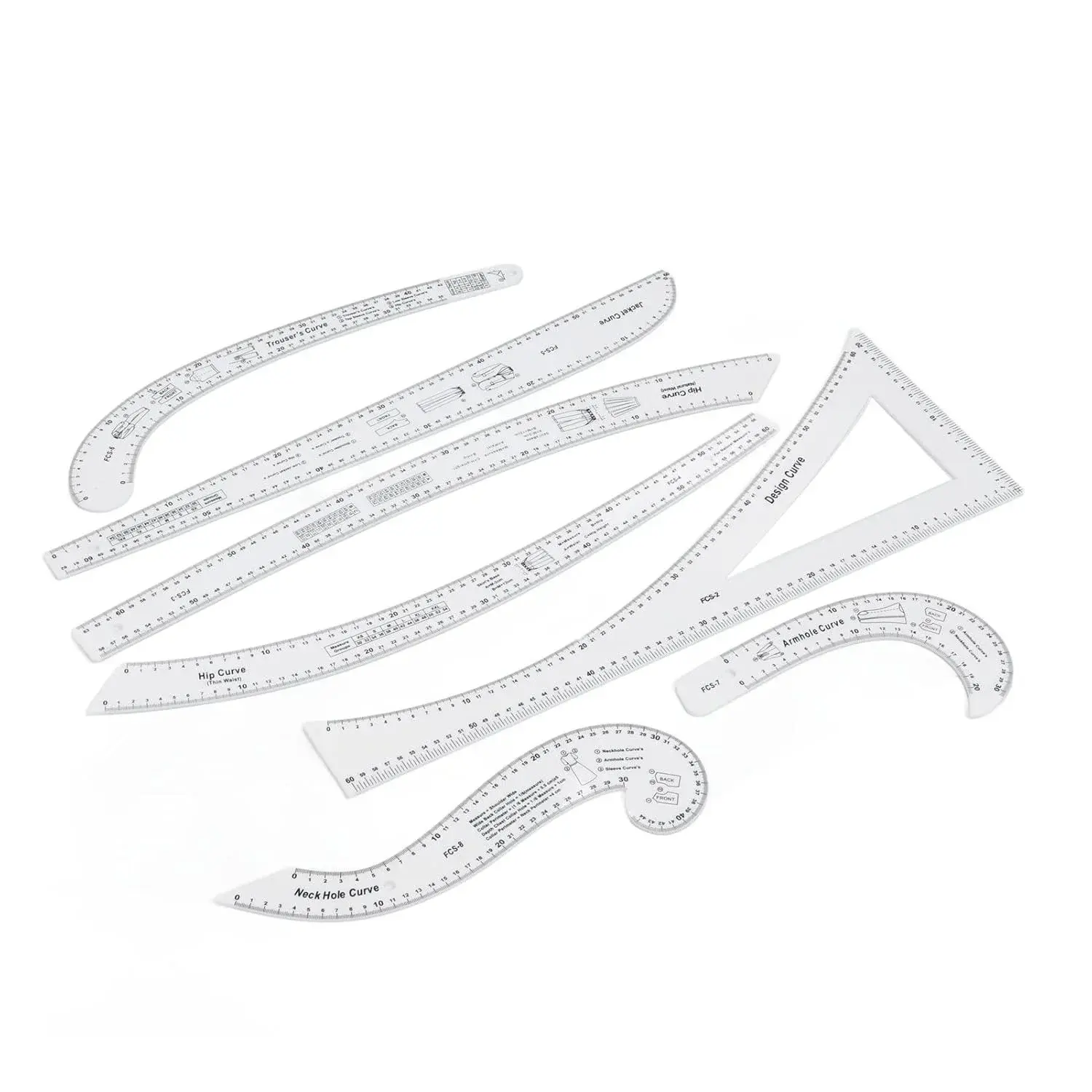 Dioche Professional 7 Piece Sewing Ruler Set with Clear Acrylic Construction for Precise Pattern Drafting Fashion Design and Tailoring Measuring Tools French Curve