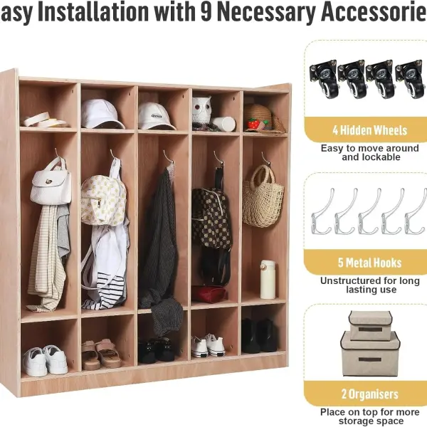5-Section Classroom Coat Locker with 10 Cubbies, Wheeled Daycare Cubbies with 5 Hooks & 2 Storage Boxes, Kindergarten Lockers for Home, School, School, Living Room