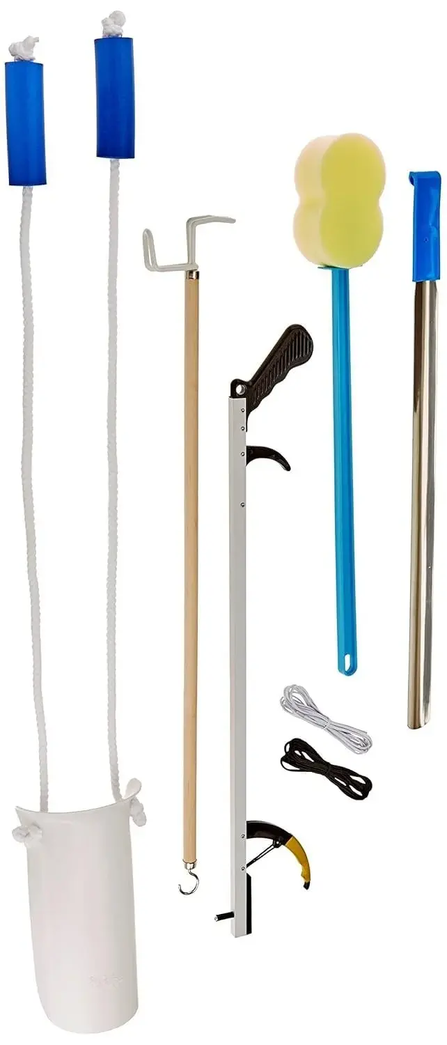 7PC Hip Kit For Seniors Total Hip Replacement, Hip Replacement Kit After Surgery, Hip Replacement Recovery Kit With Reacher, Sock Aid, Bath Sponge, Dressing Stick, Shoehorn, Elastic Shoelaces
