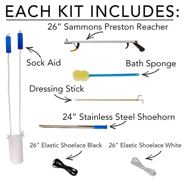 7PC Hip Kit For Seniors Total Hip Replacement, Hip Replacement Kit After Surgery, Hip Replacement Recovery Kit With Reacher, Sock Aid, Bath Sponge, Dressing Stick, Shoehorn, Elastic Shoelaces